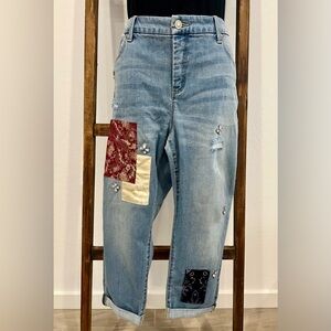 CHICO’S So Slimming Girlfriend Ankle Women Jeans patchwork Sonora Indigo 14P NWT